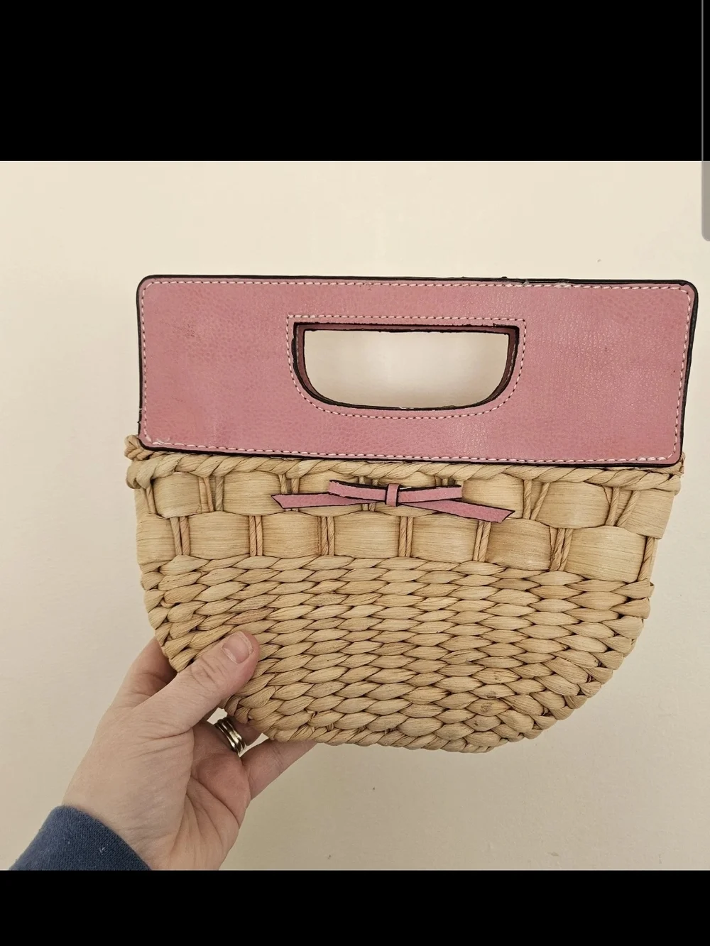 Vintage Liz Claiborne Woven Corn Husk Clutch Pink Leather Top Handle Bow Detail